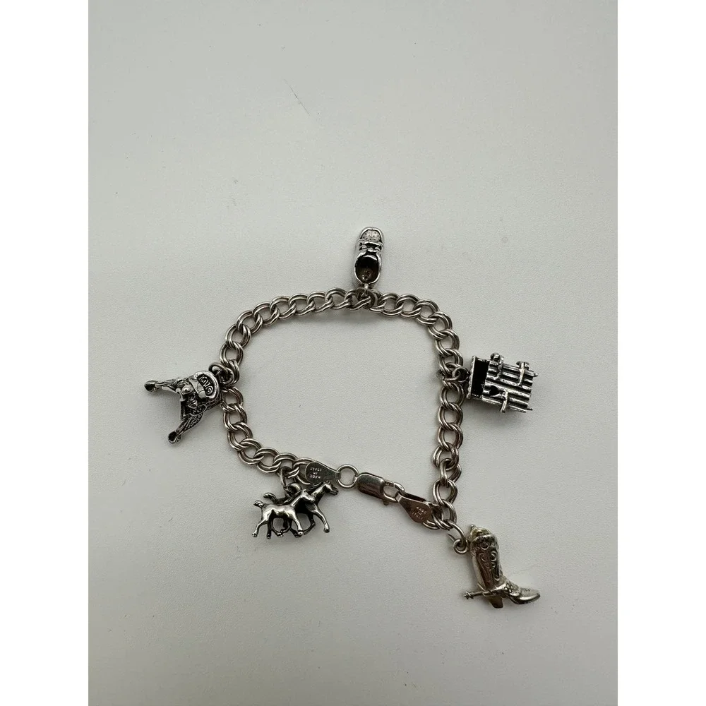 Kids Sterling Silver 925 Western Charm Bracelet Horses Boot Outhouse 22g Italy
